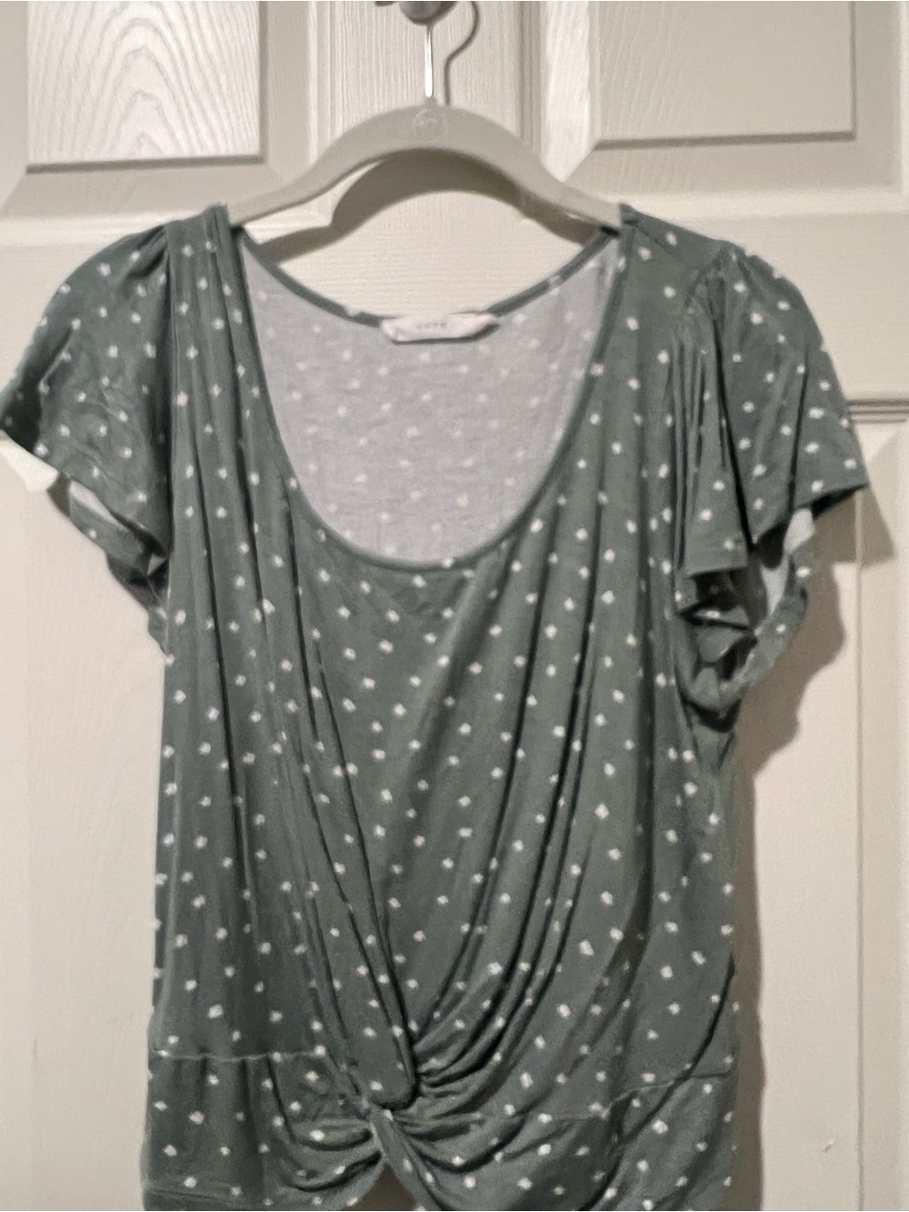 Lush Sage Green Short-Sleeve Polka Dot Twist-Front Top